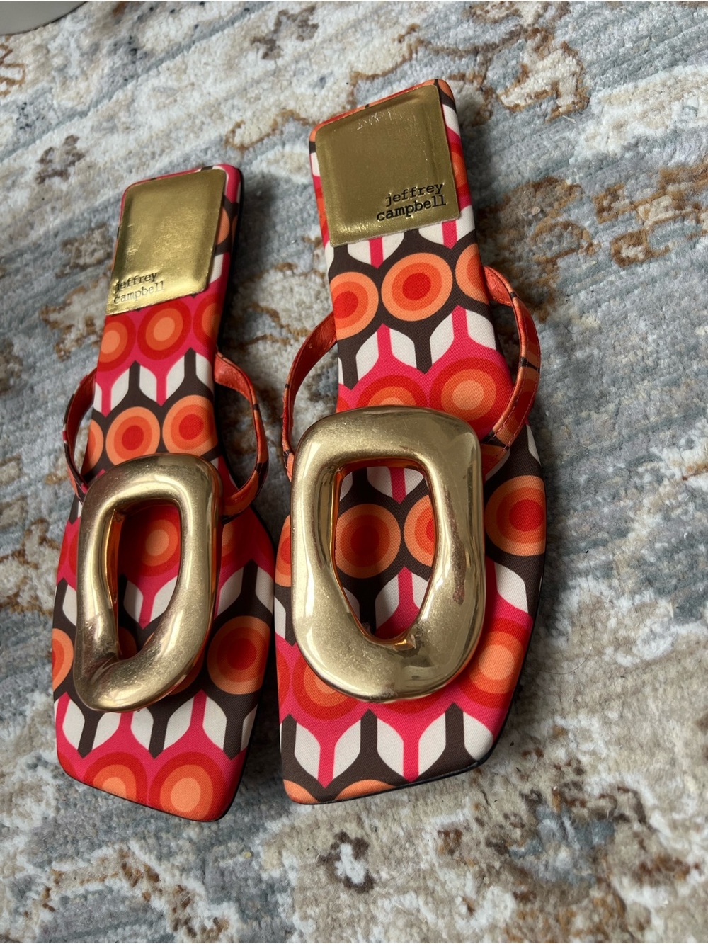 Jeffrey Campbell Red & Orange Geometric Slide Sandals with Gold Oval Accent - Picture 6 of 9
